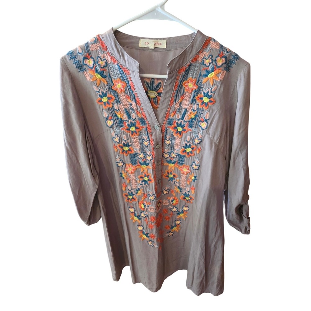 Solitaire Pop Over Embroidered Blouse S Womens Roll Tab Sleeve Gray Cottage Core